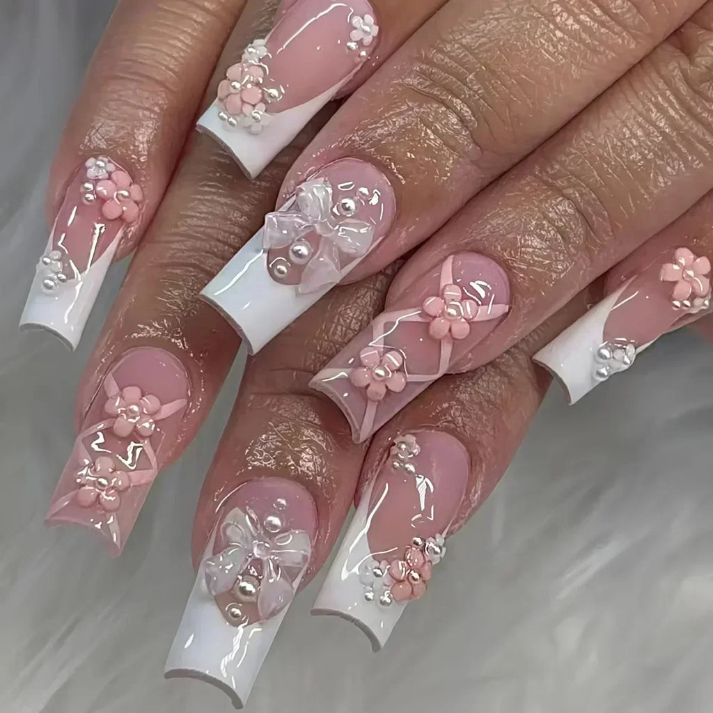 Butterfly Design Long Coffin Press-On Nails