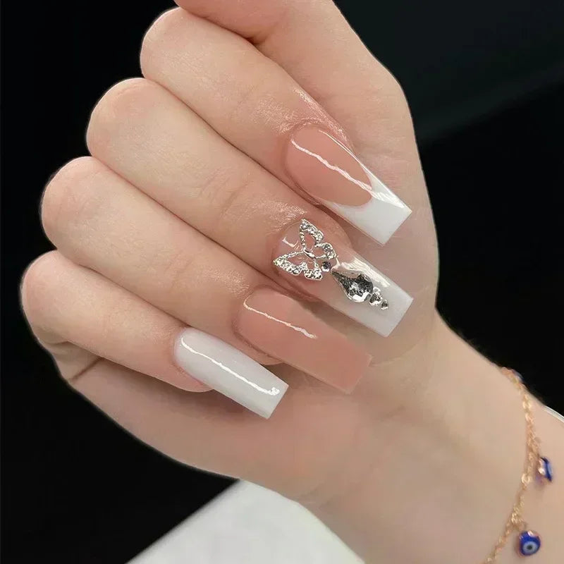 Butterfly Design Long Coffin Press-On Nails