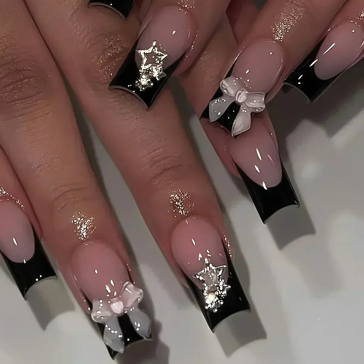 Butterfly Design Long Coffin Press-On Nails