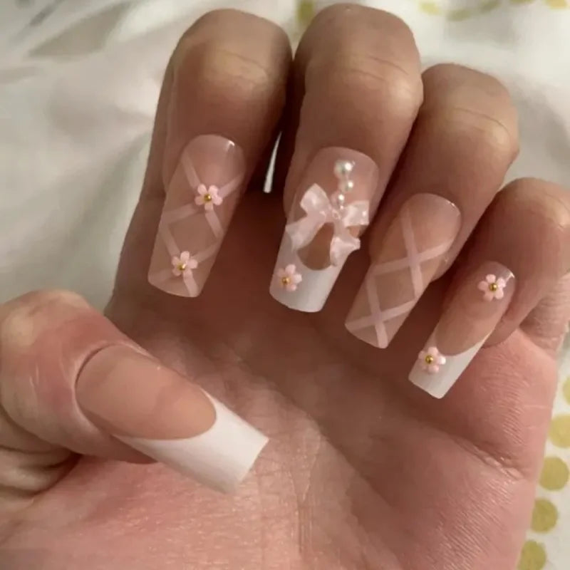 Pink Bow Press on Nails-1