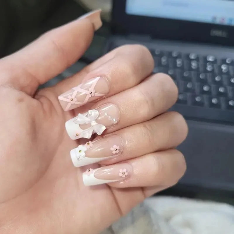 Pink Bow Press on Nails-2