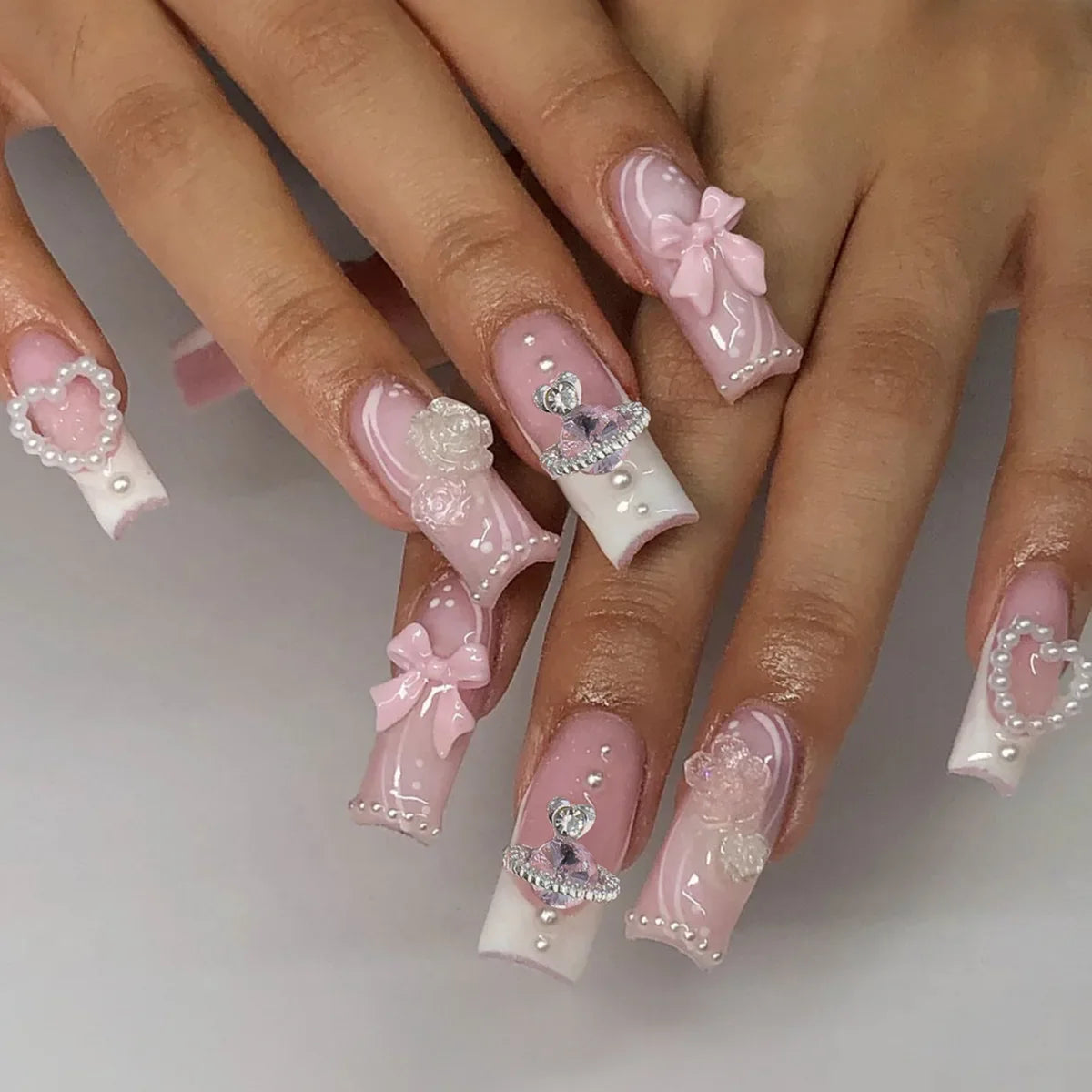 Pink Bow Press on Nails-12