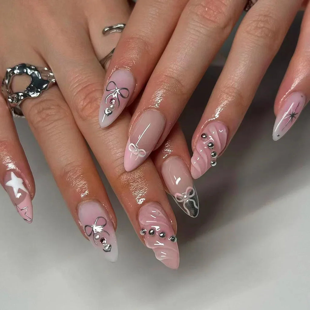 Pink Bow Press on Nails-14