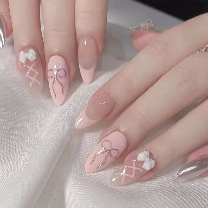 Pink Bow Press on Nails-15