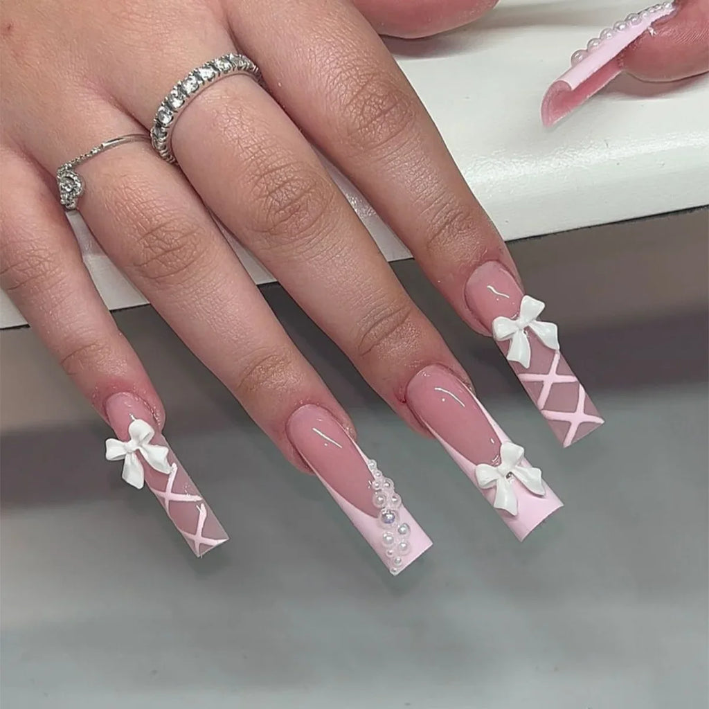 Pink Bow Press on Nails-16