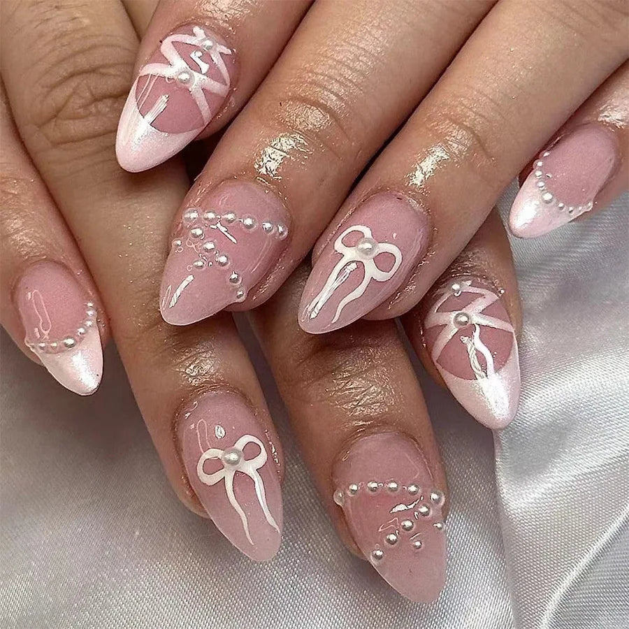 Pink Bow Press on Nails-19
