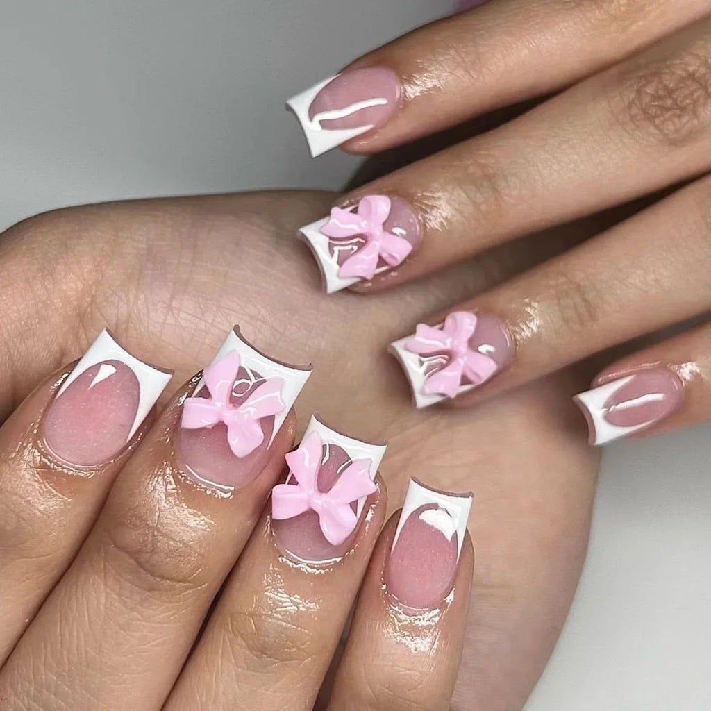 Pink Bow Press on Nails-26