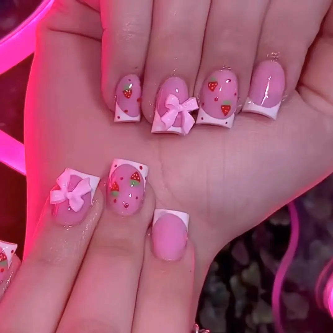 Pink Bow Press on Nails-27
