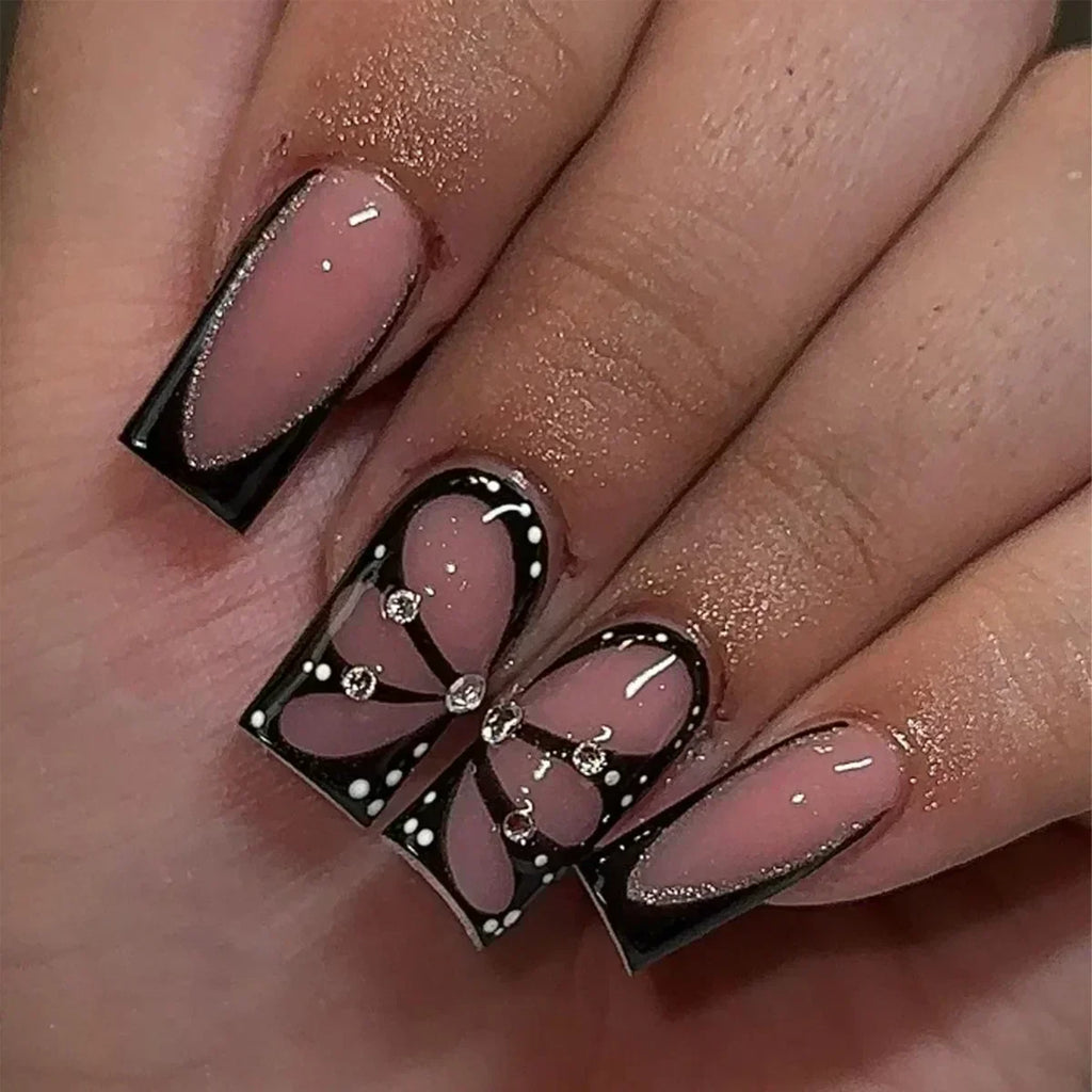 Butterfly Design Long Coffin Press-On Nails