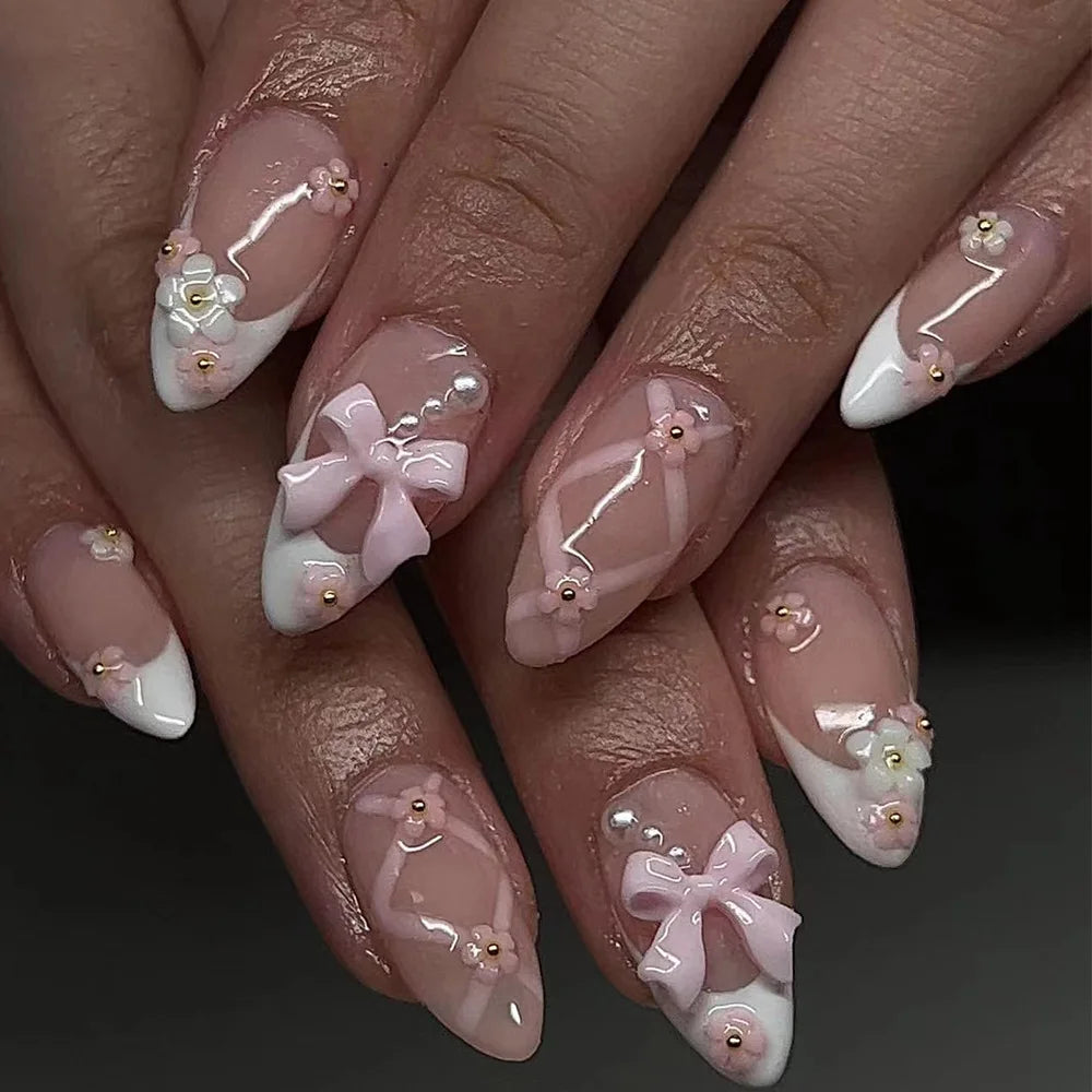 Pink Bow Press on Nails-37