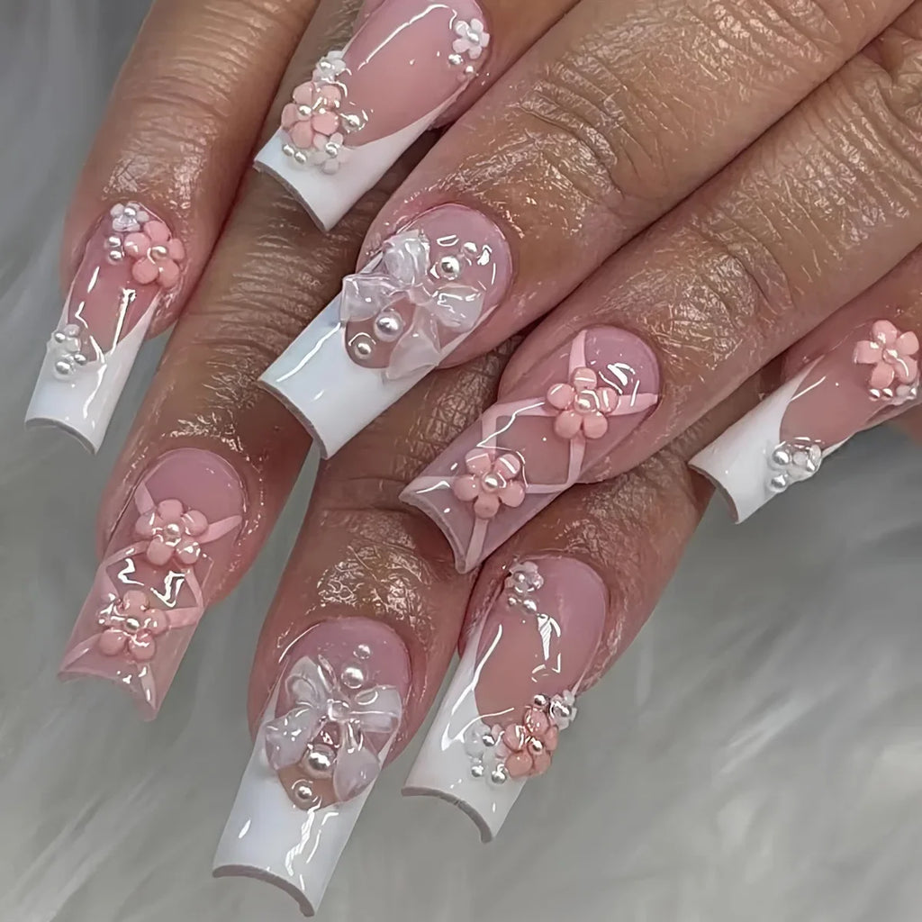 Pink Bow Press on Nails-42