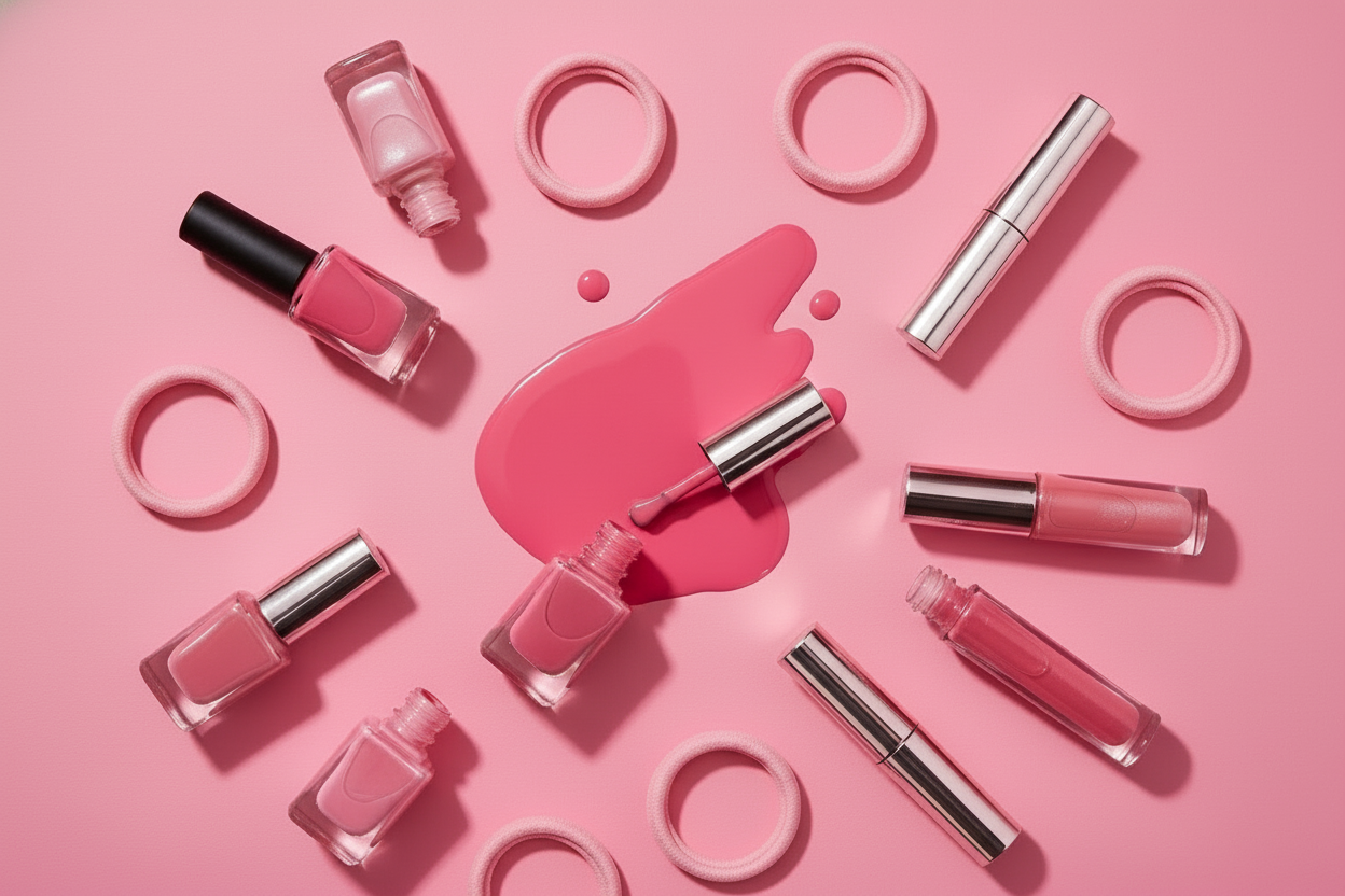 have more lip gloss bottles more hair ties  and add a nail polish spill